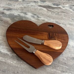 Heart-Shaped Wooden Cheese Board with Utensils